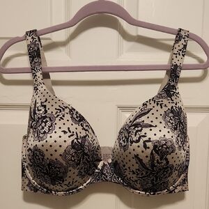 SOMA BRA 38 DDD. Floral Print Bra in Black and Cream